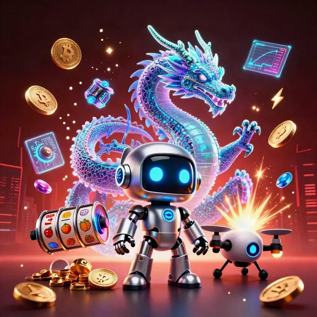 Cyberpunk robot, holographic dragon, and coin drone amid casino coins, gems, and neon energy.