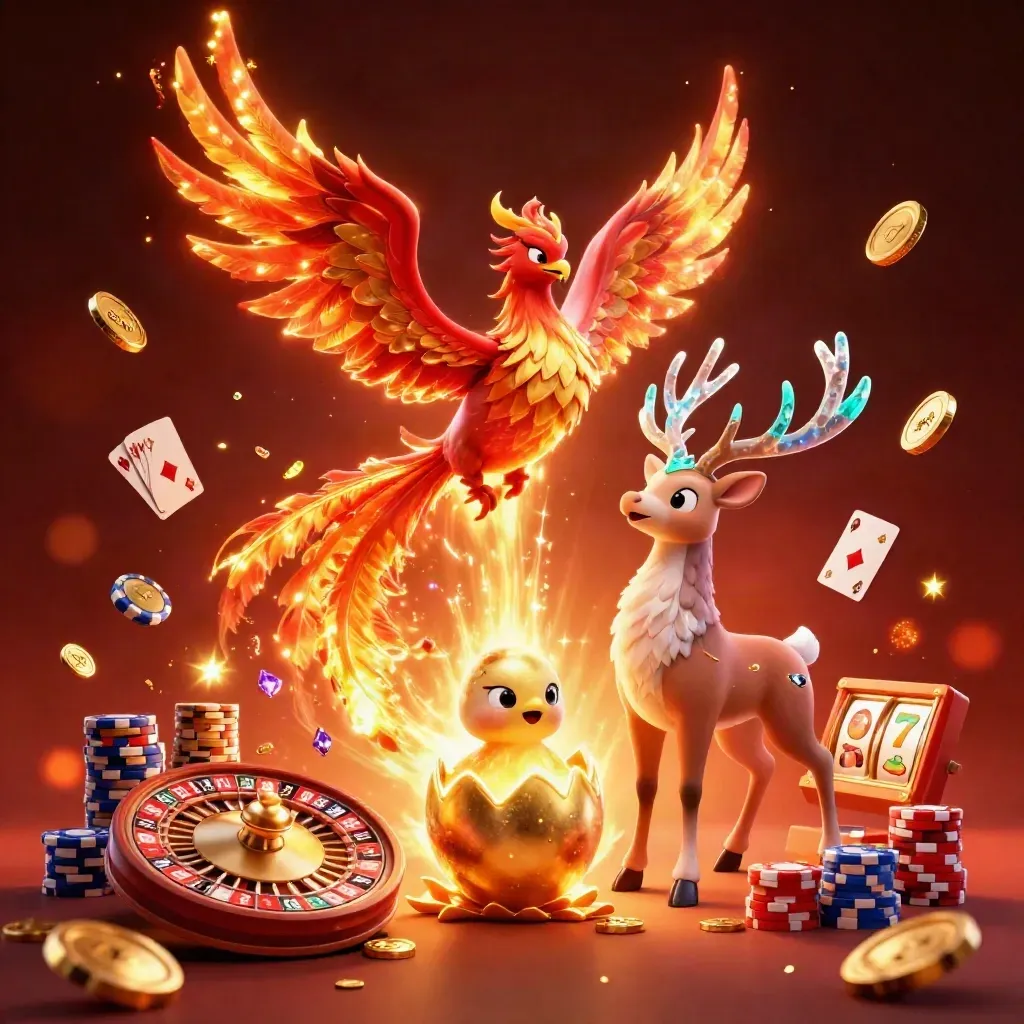 Phoenix, baby hatchling, and crystal stag burst through coins, reels, cards, and neon glow.