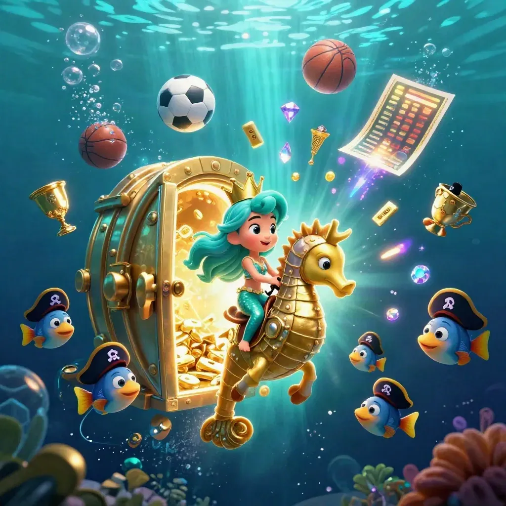 Mermaid princess on armored seahorse, treasure vault, gold, sports balls, glowing underwater casino light