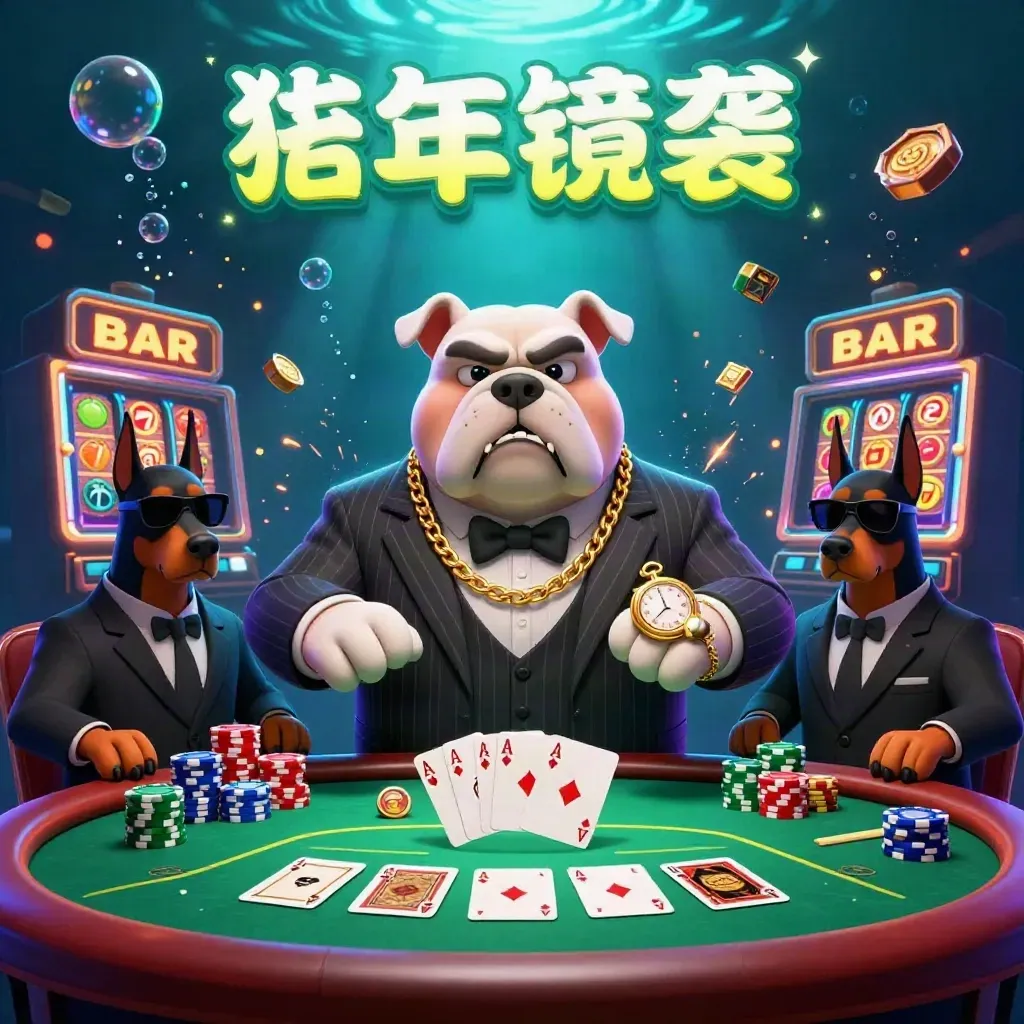 A mafia-boss bulldog and two Dobermans amid glowing casino treasure underwater