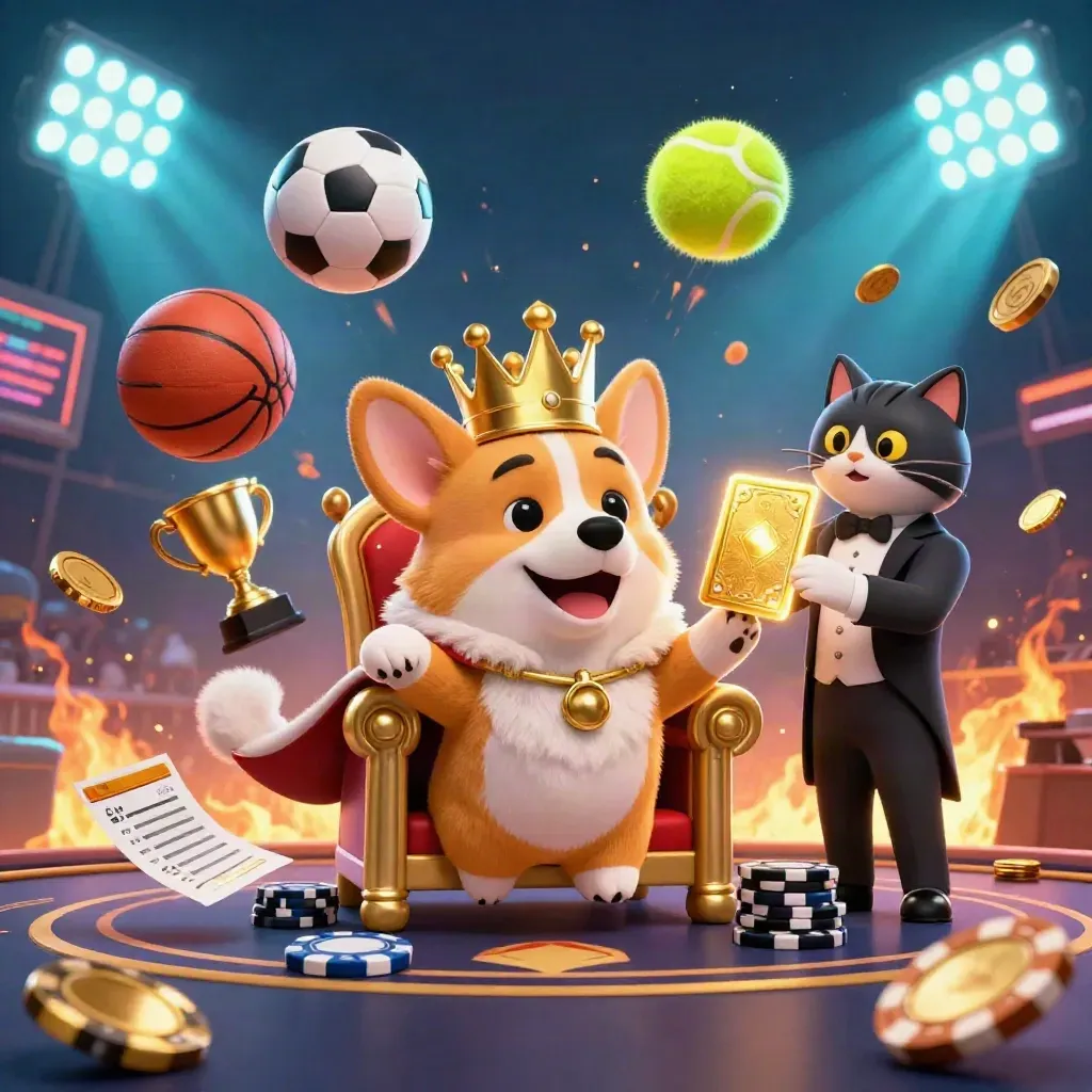 Crowned corgi and cat butler amid flying sports balls, chips, coins, and neon casino lights.