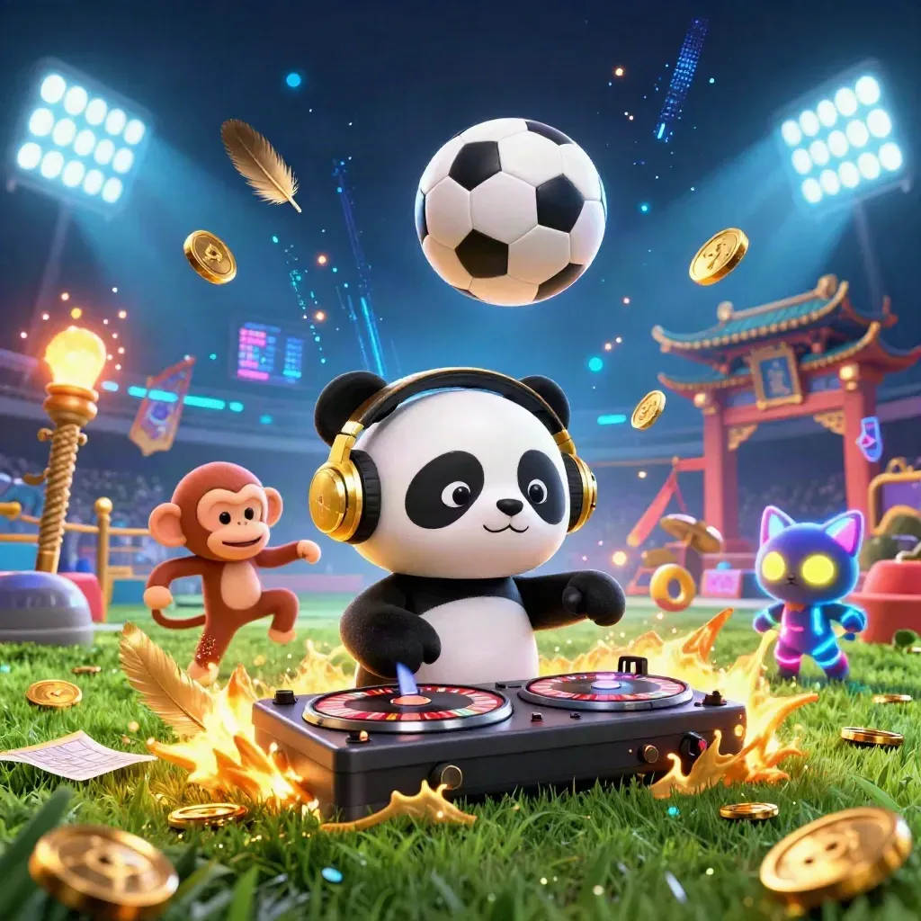 Neon soccer blast with panda DJ, monkey and glow-kitten amid casino sparks and stadium haze.