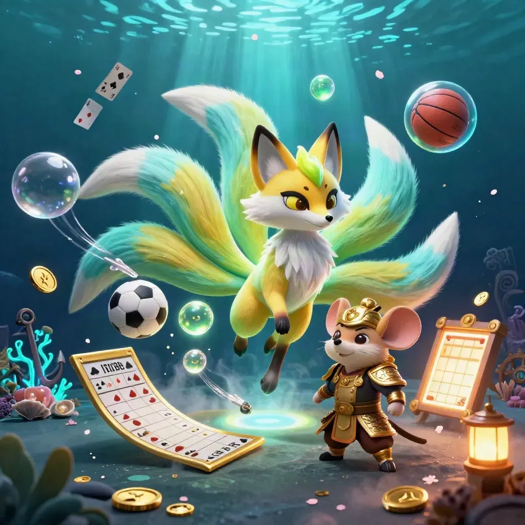 Neon fox spirit and golden mouse in a treasure cove with bubbles, coins, cards and sports gear