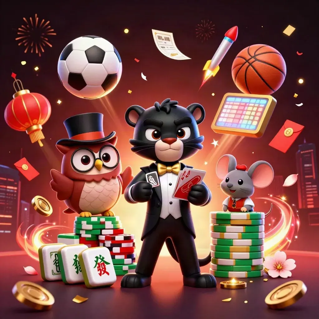 Panther, owl, and mouse amid casino cards, chips, sports balls, and fireworks in neon glow