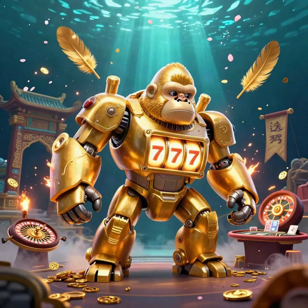 Golden gorilla mech with tiny monkey pilot in a neon casino scene, temple gate, roulette wheel.
