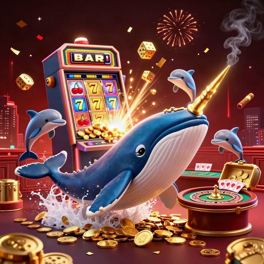 Whale, narwhal, and dolphins burst through casino gold amid slot rays and neon lights.