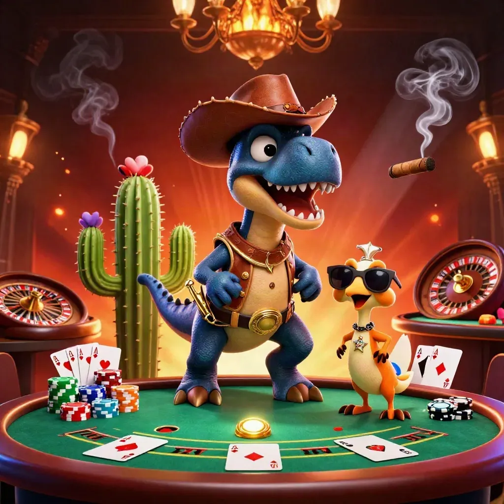 Cowboy T-Rex casino trio amid neon poker, roulette, chips, embers, and luxury glow.