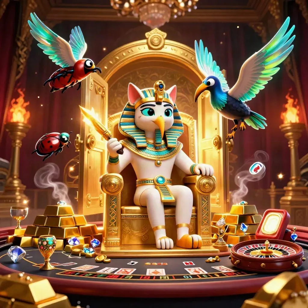 Pharaoh cat, ibis scribe, and gem-wing scarabs in a glowing vault of gold and jewels.