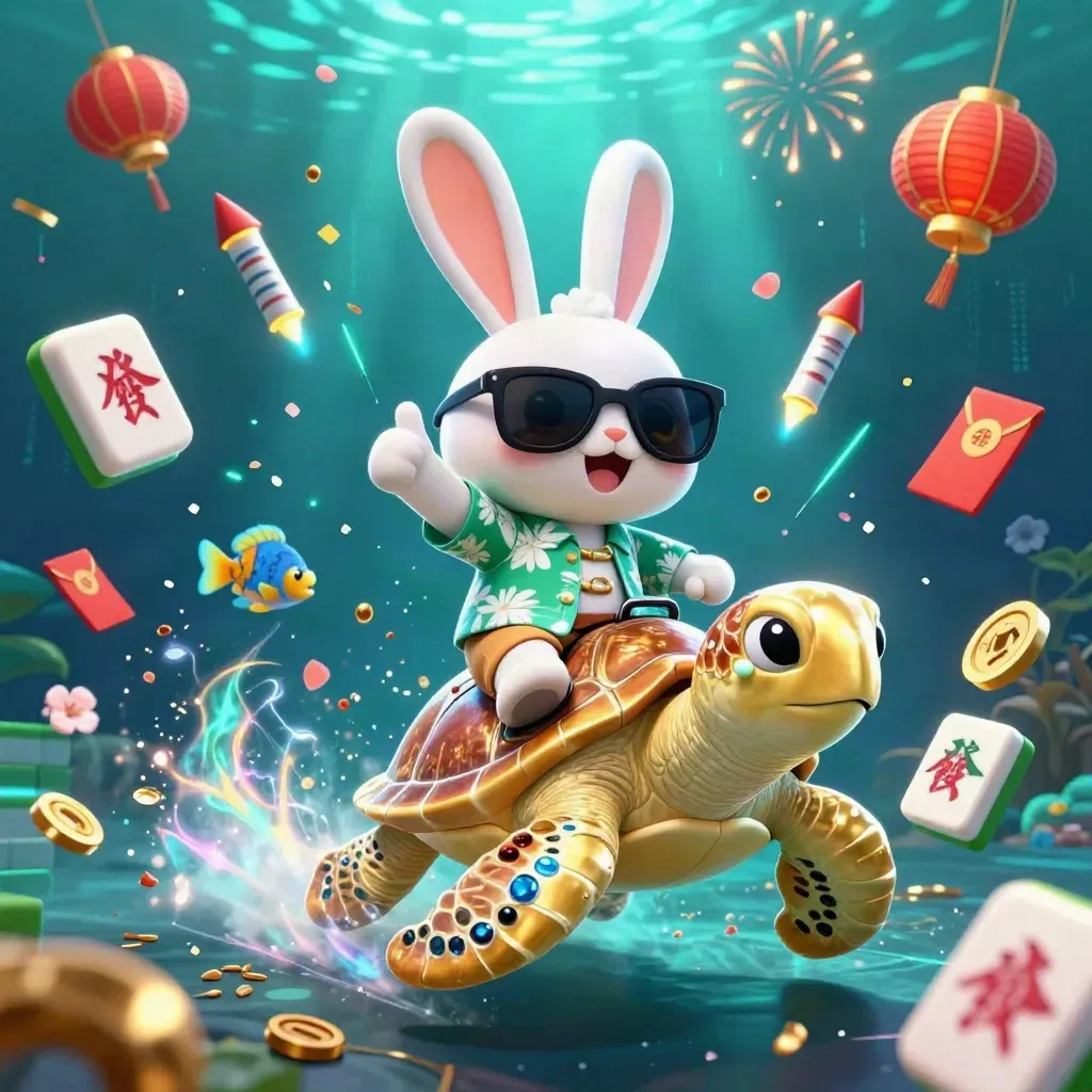Lucky rabbit rides a gem-shell turtle through neon underwater treasure bursts