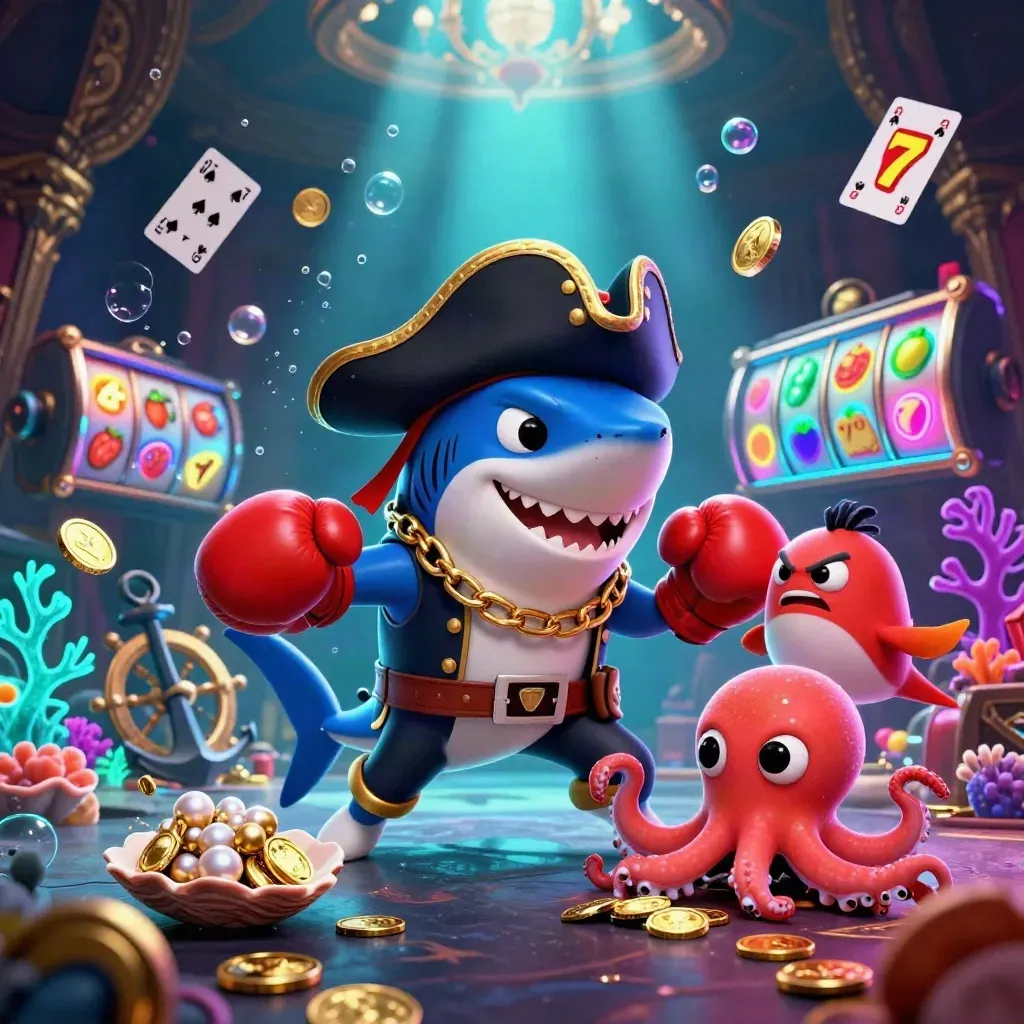 Pirate shark, boxing pufferfish and coin-juggling octopus in a glowing treasure cove.
