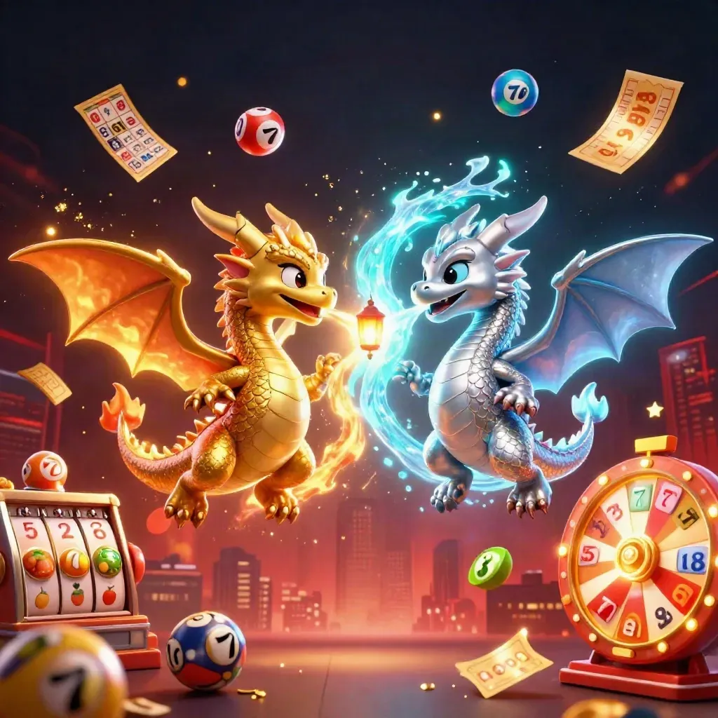 Twin gold and silver dragons spin in a fire-and-ice yin-yang with lucky game bursts.