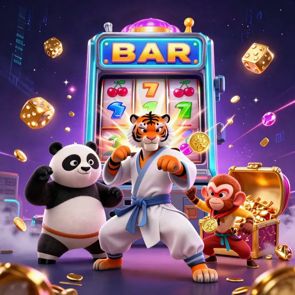 Tiger, panda, and monkey burst around a glowing slot machine and treasure
