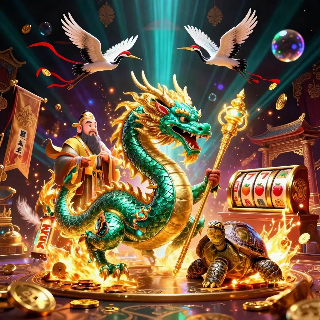 Emerald dragon, turtle sage, and cranes burst through neon casino treasure and temple light.