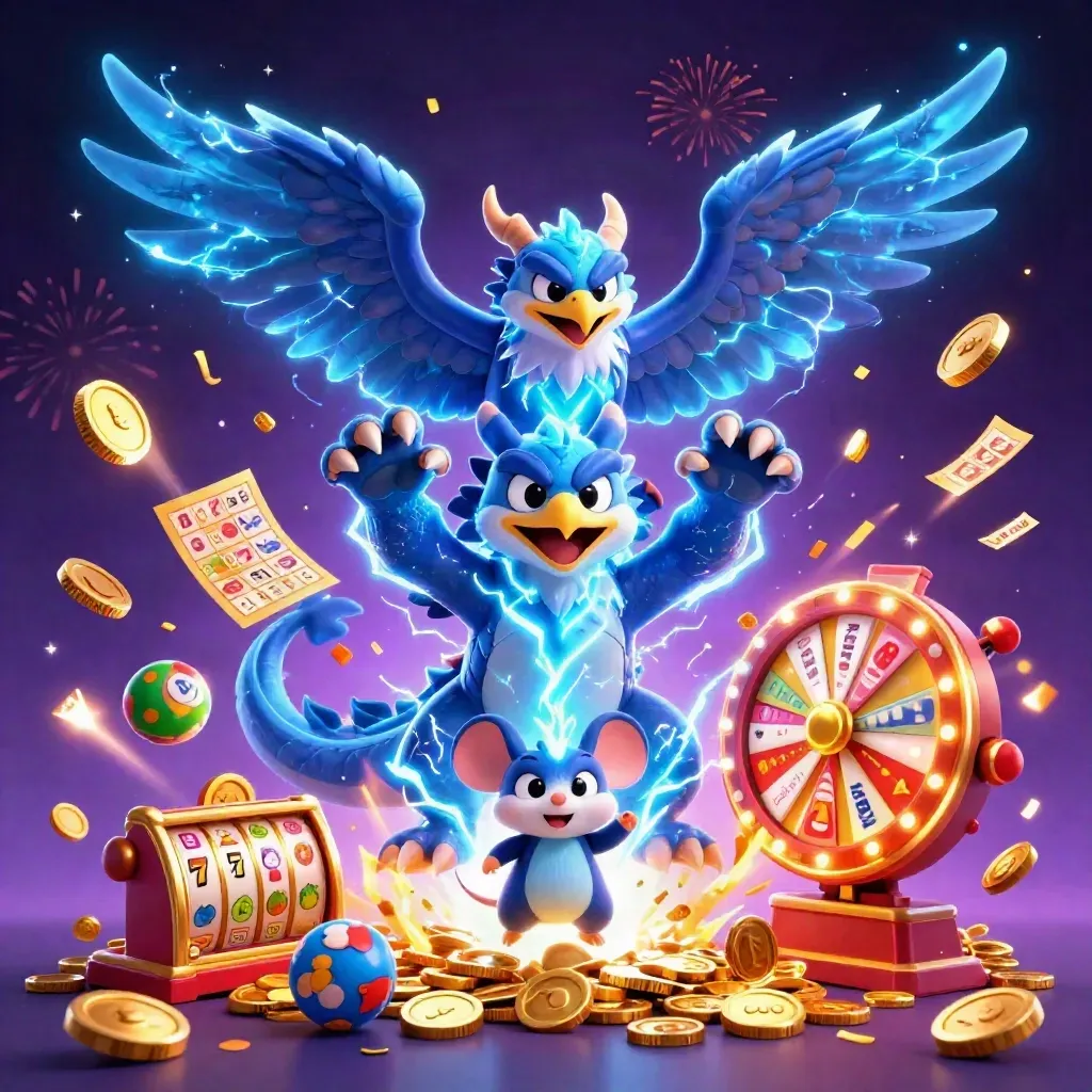 Thunder dragon, glowing hawk and static mouse amid coins, fireworks and casino symbols