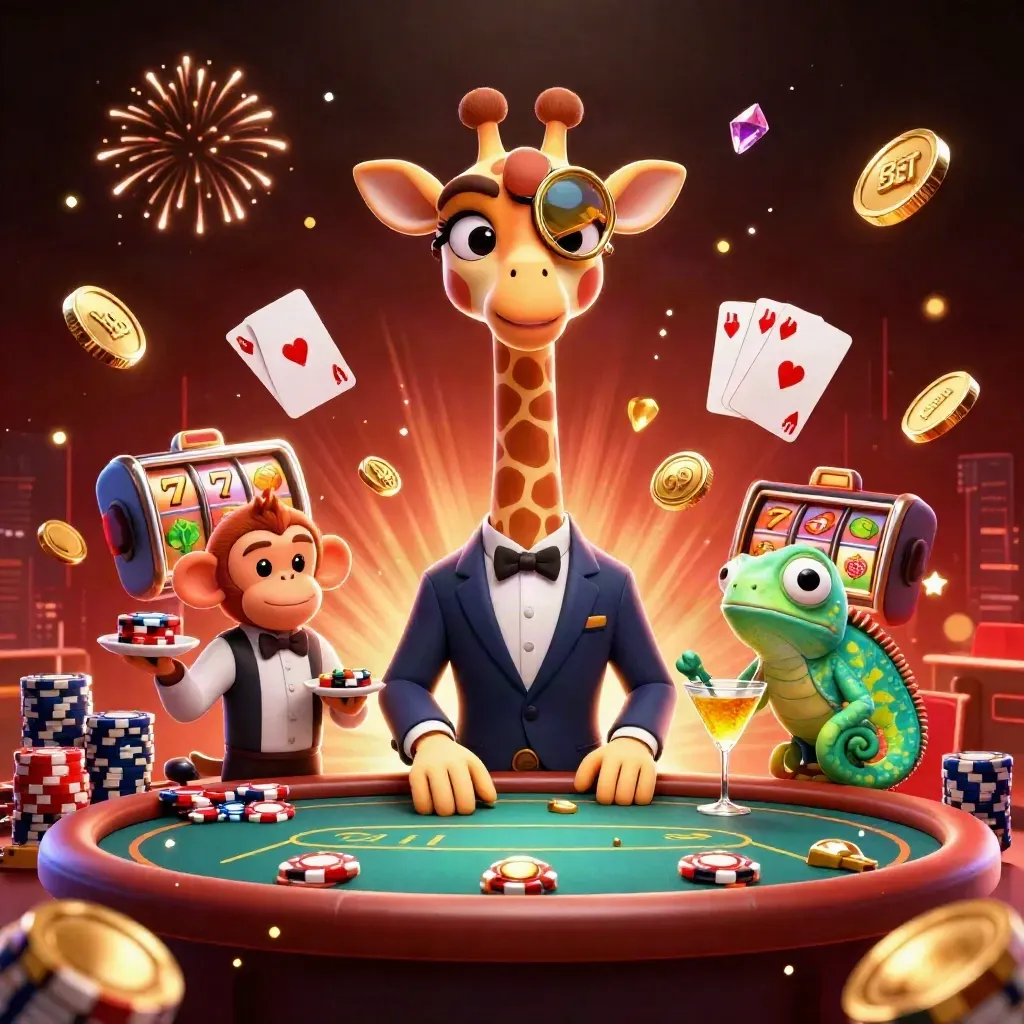 Giraffe high-roller, monkey valet, and chameleon bartender amid exploding coins and neon casino glow