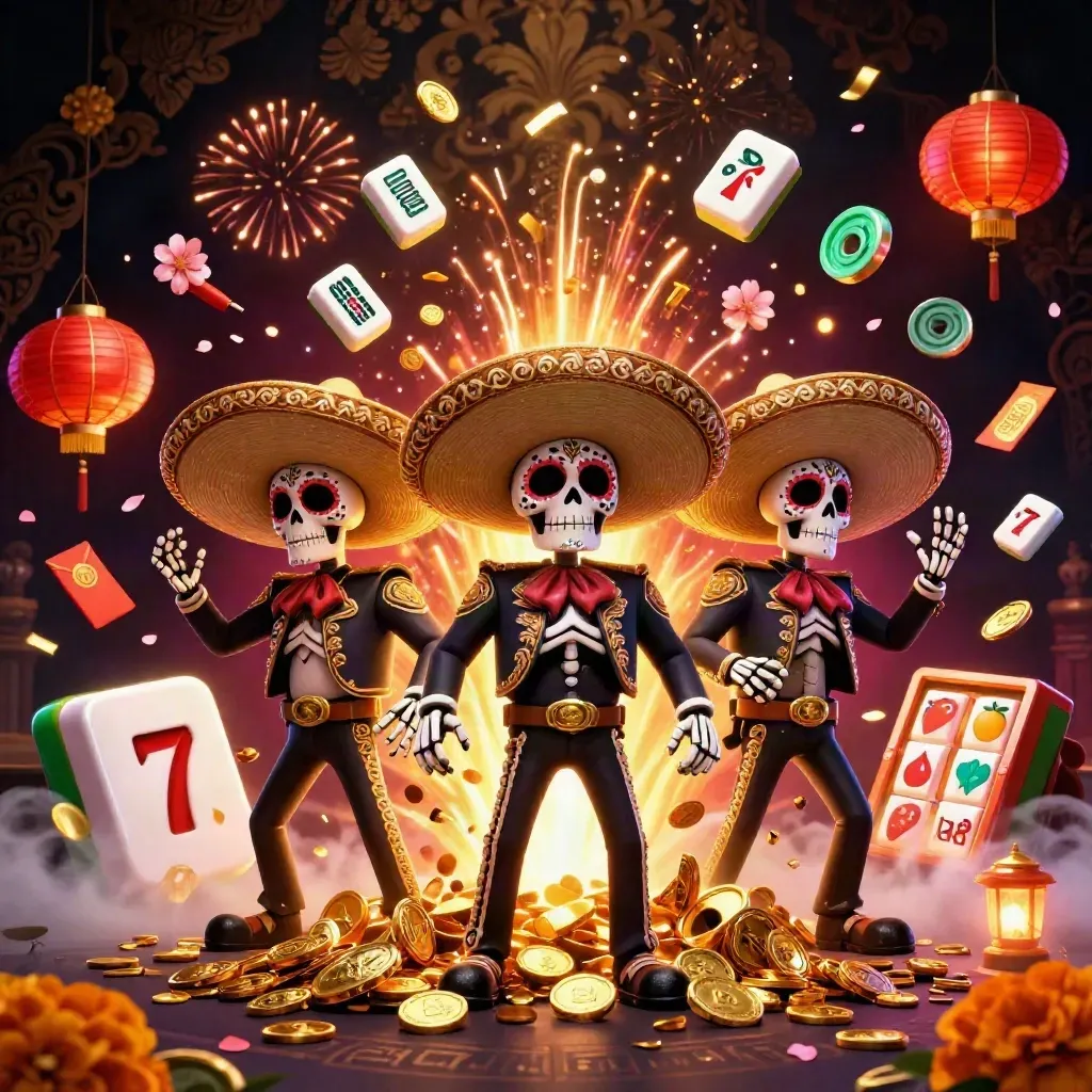 Skeleton mariachi trio amid coins, lanterns, fireworks and casino glow in a luxe dark scene.