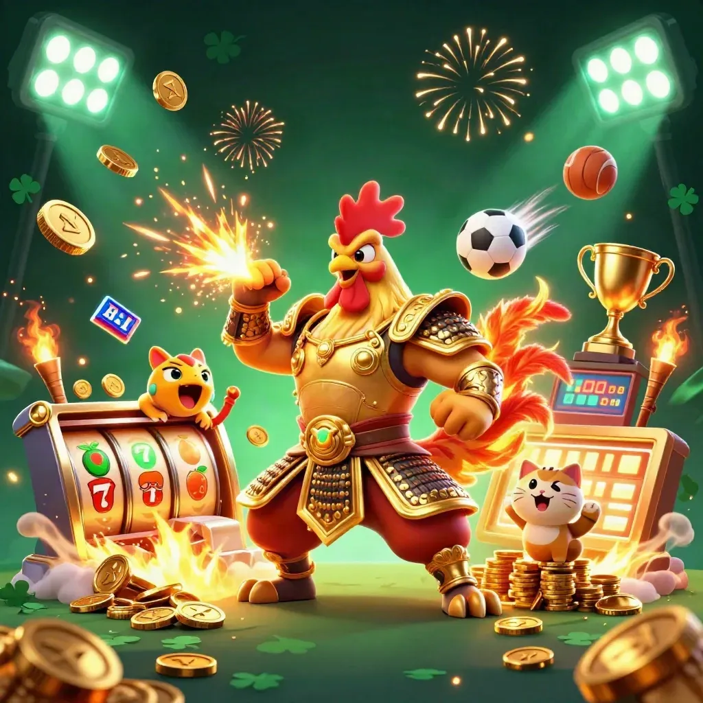 Rooster samurai, spark-breathing dragon hatchling and lucky cat amid exploding casino treasure
