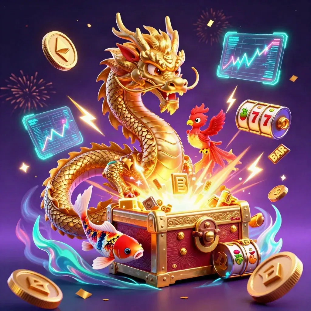 Golden dragon, phoenix, koi, coins and neon casino effects bursting from a treasure chest.