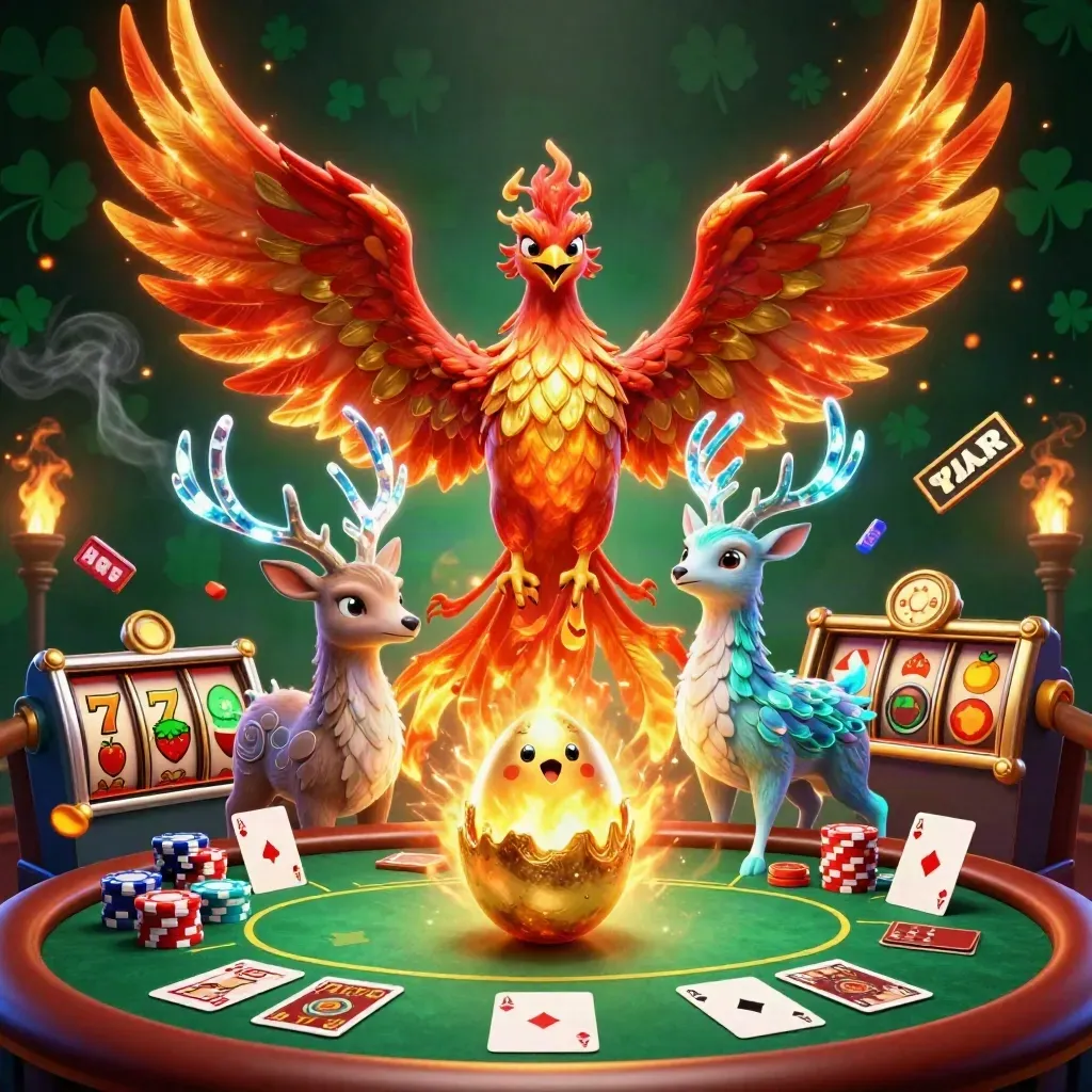 Phoenix, hatchling egg, and crystal stag amid poker chips, reels, and neon casino glow.