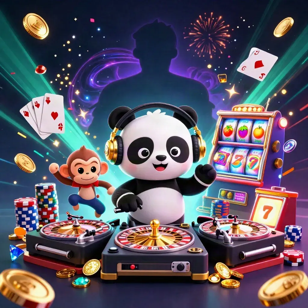 Panda DJ, dancing monkey and rave kitten amid casino chips, coins and neon slot sparks.
