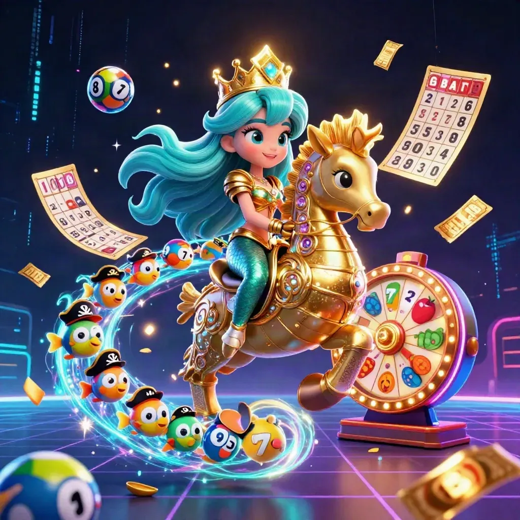 Mermaid princess rides a gold-armored seahorse amid casino symbols and neon glow.