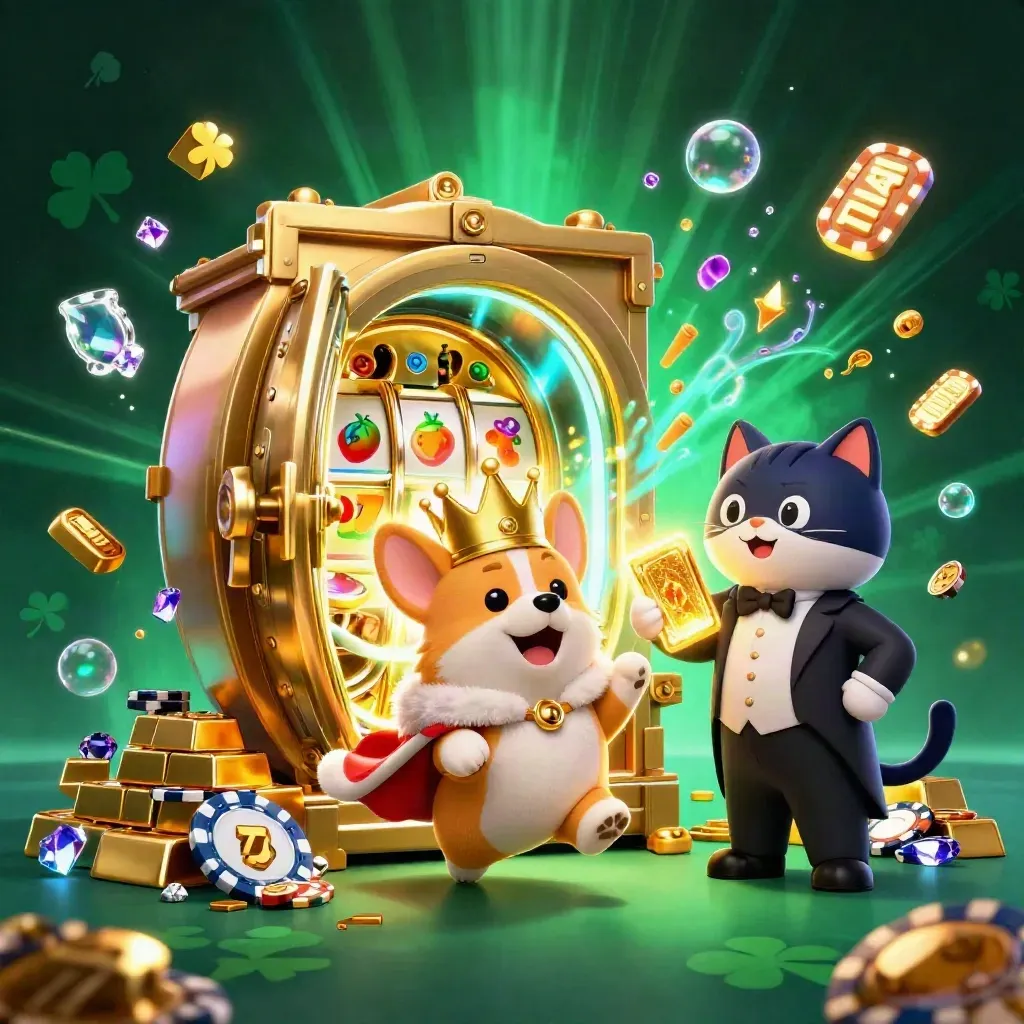 Royal corgi and cat butler in a gold vault burst with chips, gems, reels, and neon casino glow.