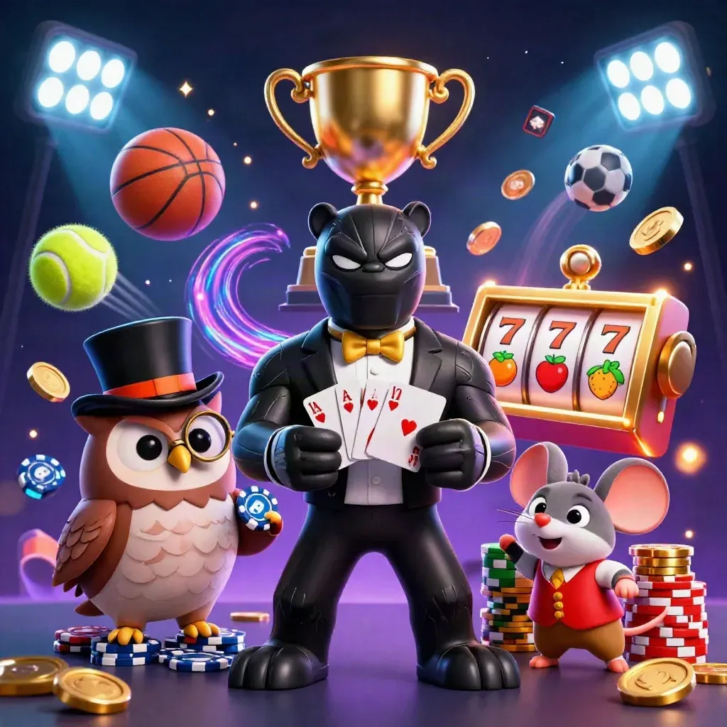 Panther, owl, and mouse casino heroes amid flying balls, coins, reels, and neon teal-gold glow.