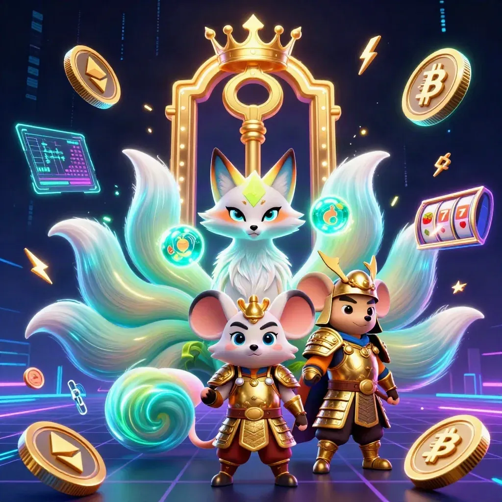 Neon fox spirit and golden mouse with coins, reels and lightning in a dark casino key art scene.